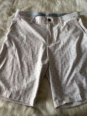 adidas White Men's Flat-Front Shorts with Pink Triangle Print